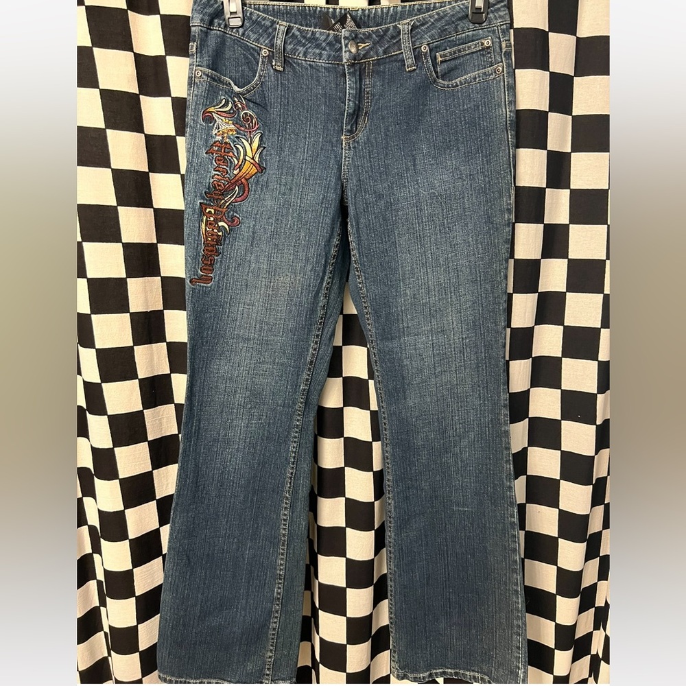 Harley Davidson Women’s Embroidered Denim Flared Jeans - Picture 2 of 10